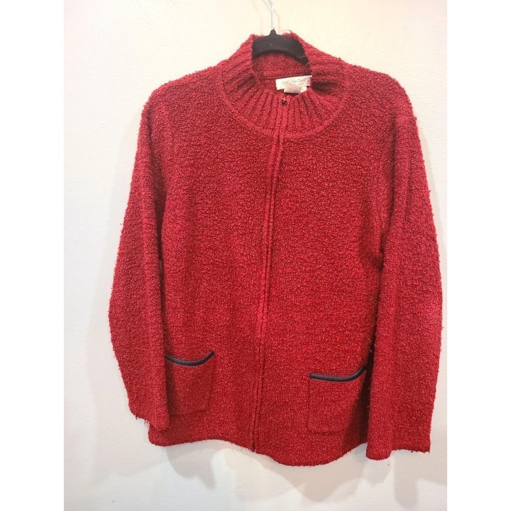 Coldwater Creek Sweater Women's XL Red Font Full Zip Mock Neck Fuzzy Jacket Fall